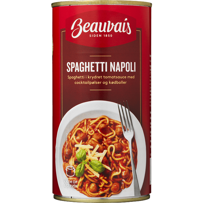 Spaghetti i tomatsauce m. cocktailpølser og kødboller