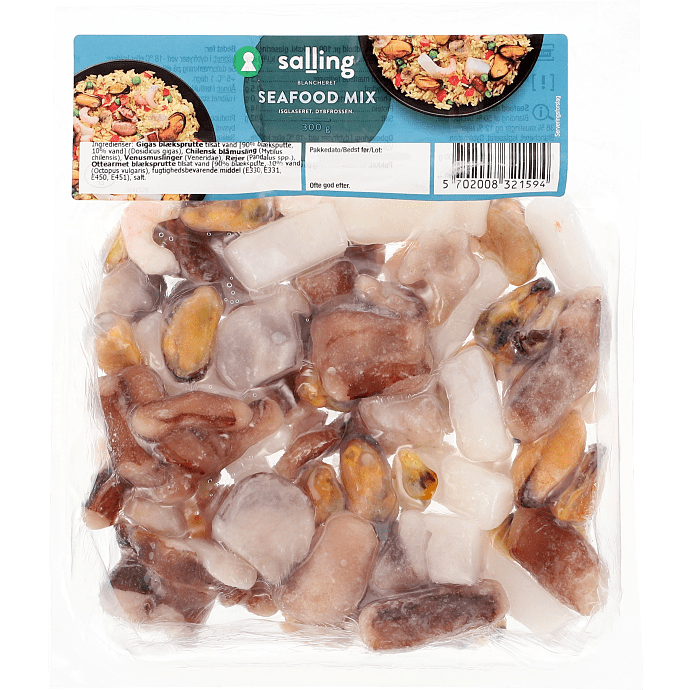 Blandet blæksprutte, blåmuslinger, muslinger og rejer