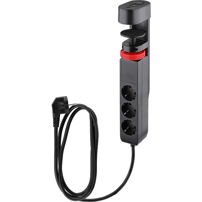 Stikdåse med 3 udtag, 1 USB-A og 1 USB-C - sort