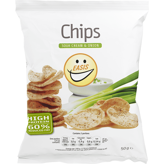 Sojaproteinchips m. sour cream & onion fedtreduceret