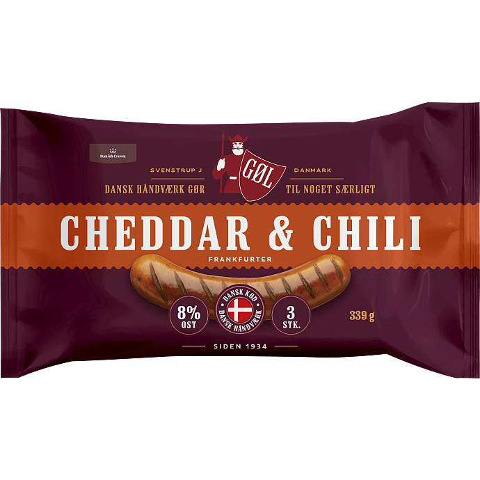 Frankfurtere m. cheddar og chili