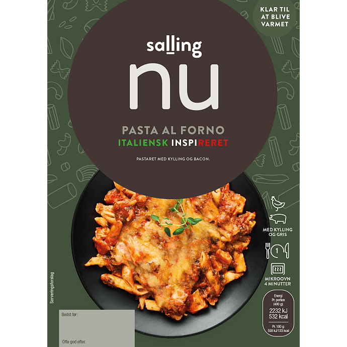Italiensk inspireret pasta m. kylling og bacon