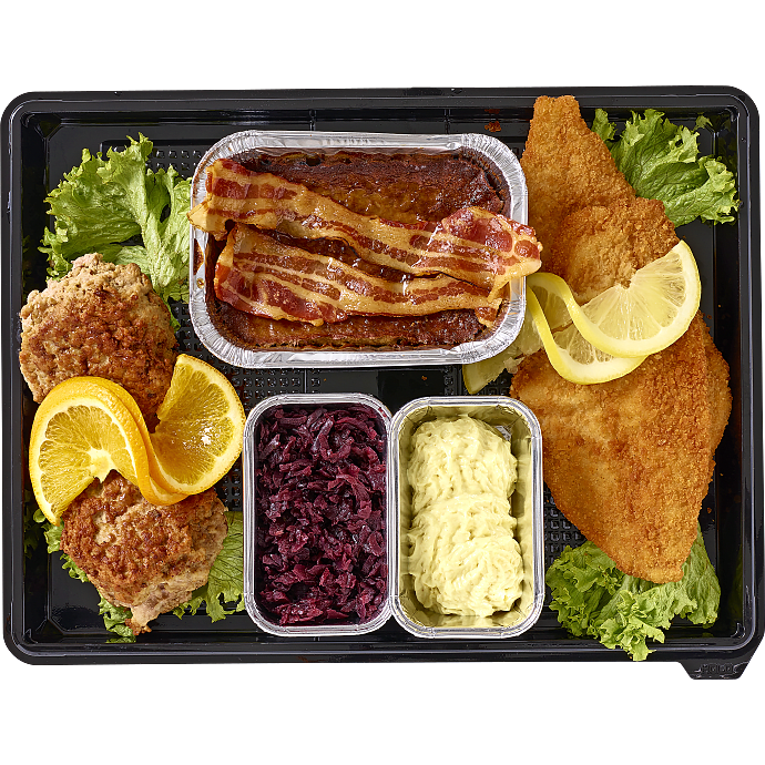 Frokostplatte m. fiskefileter, frikadeller og leverpostej