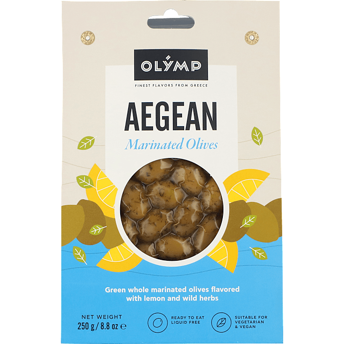 Grønne oliven m. sten m. citron- og urtemarinade