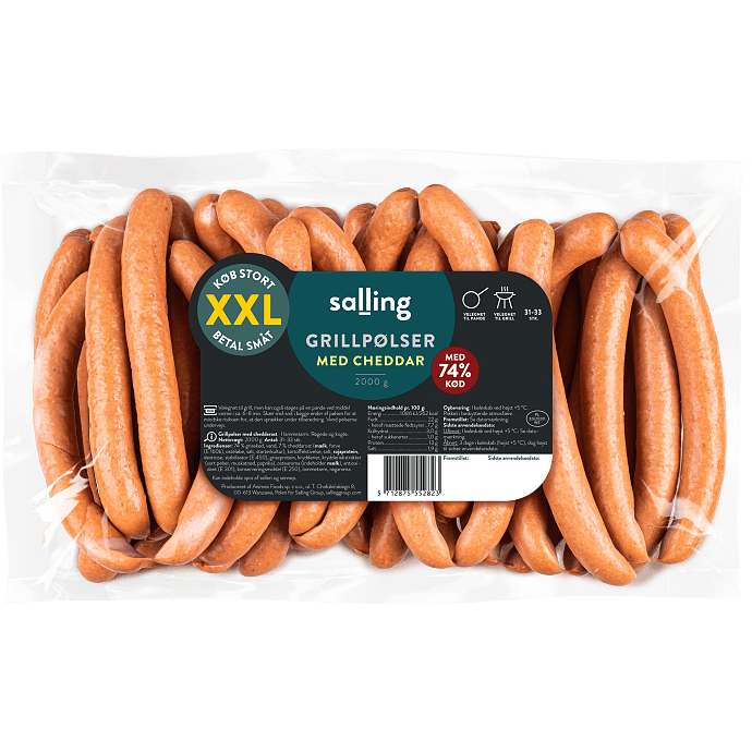 Grillpølser m. cheddar 74% kød