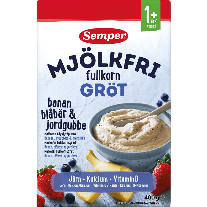 Fuldkornsgrød m. banan, blåbær og jordbær fra 12 mdr. mælkefri