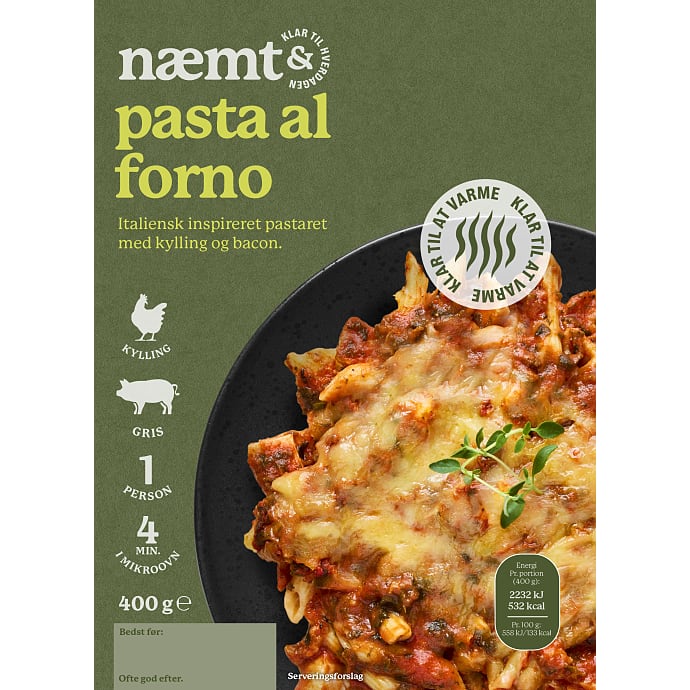 Italiensk inspireret pasta m. kylling og bacon