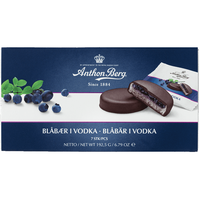 Mørk chokolade m. marcipan og fyld af blåbær og vodka