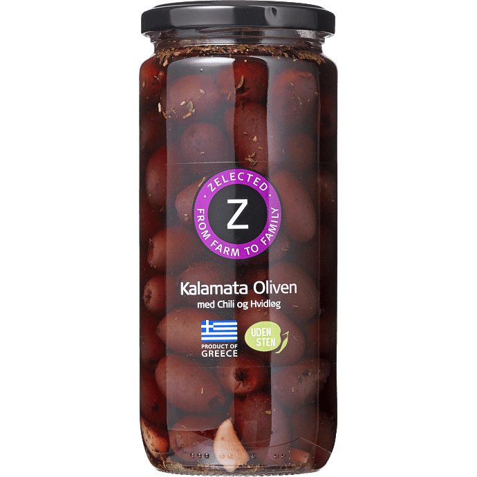 Kalamata oliven m. chili og hvidløg