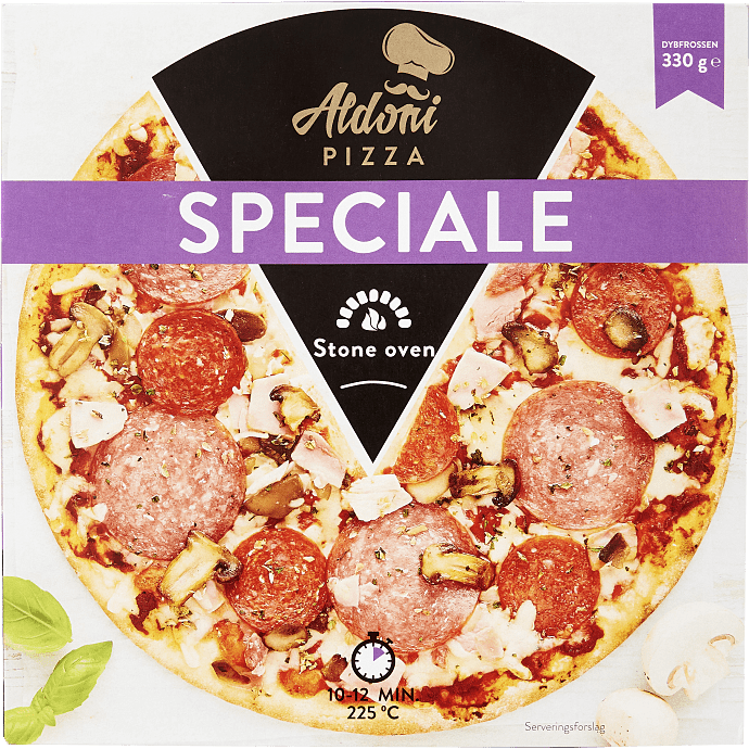 Pizza m. salami, pepperoni, skinke og champignon