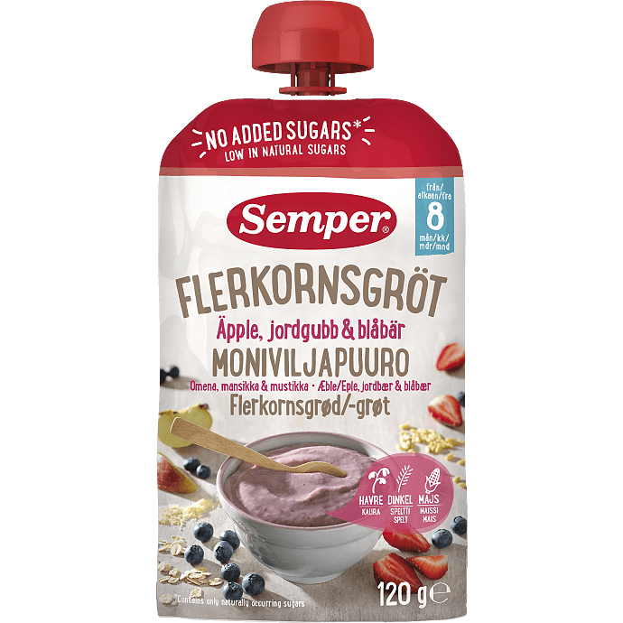 Flerkornsgrød m. æble, jordbær og blåbær