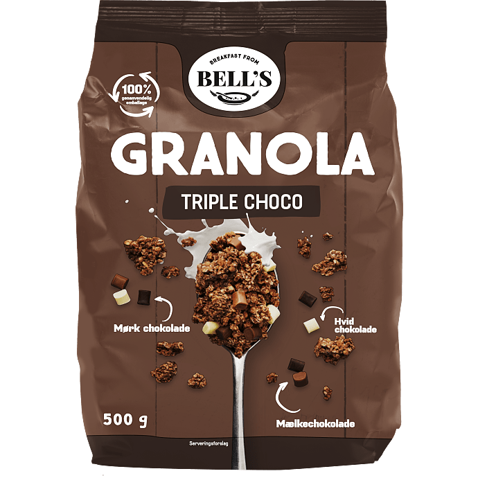 Granola m. mørk-, mælke- og hvid chokolade