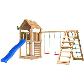 Jungle Gym Cabin 2.1 legetårn inkl. klatremodul, rutsjebane og 120 kg sand