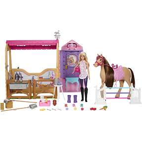 Barbie hestestald legetøjssæt med dukke og hest