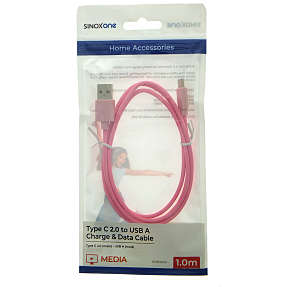 Sinox One USB C til USB A kabel. 1m. Pink