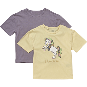 VRS børne 2-pak T-shirt str. 110/116 - gul/lilla