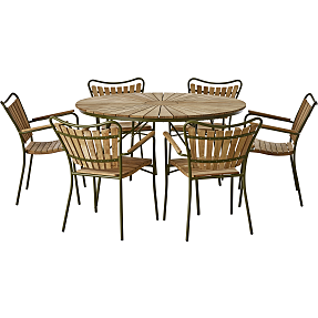 Kertemindebord Ø130 teak havemøbelsæt med 6 stole - teak/grøn