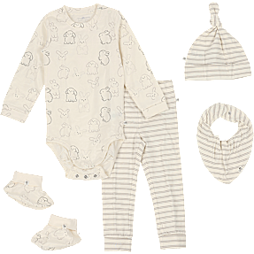 Tiny One 5-dele med body, leggings, hue, savlesmæk og futter str. 86 - beige