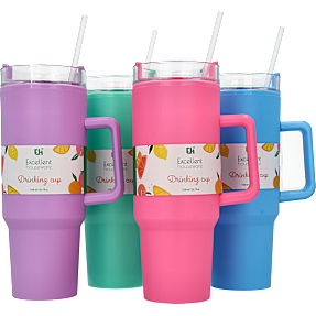 Drikkekop med låg og sugerør - 1,1 liter – flere varianter – assorteret