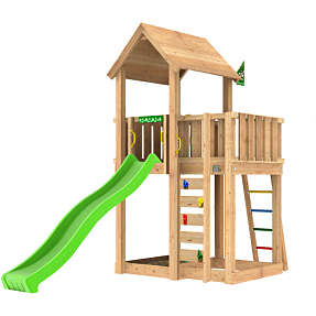 Jungle Gym Mansion 2.1 legetårn inkl. 120 kg sand og grøn rutsjebane