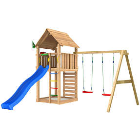 Jungle Gym Cabin 2.1 legetårn inkl. gyngemodul, rutsjebane og 120 kg sand