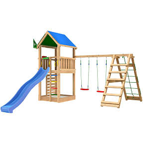 Jungle Gym Lodge 2.1 legetårn inkl. Climb Module og blå rutsjebane