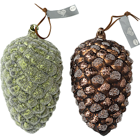 Julefryd glaskogle ophæng L: 15,5 cm - grøn eller brun - assorteret