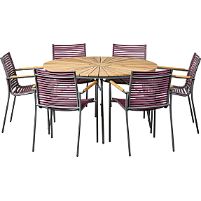 Kerteminde teak bord Ø130 cm, antracit stel med 6 Mood compact stole - plum