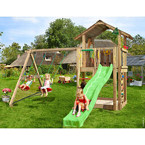 Jungle Gym Chalet 2.1 legetårn komplet inkl. gyngemodul og 120 kg sand + grøn rutsjebane
