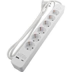 Schuko stikdåse med 6 udtag og USB A+C - hvid