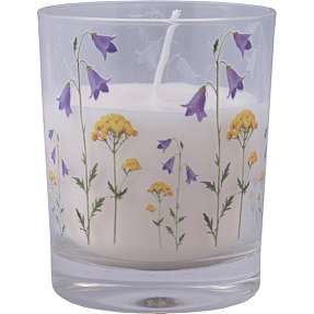 Lys i glas 7x8,6 cm - hvid m. blomstermotiv