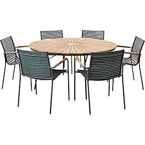 Kerteminde teak bord Ø150, antracit stel med 6 Mood stole - skifer grå