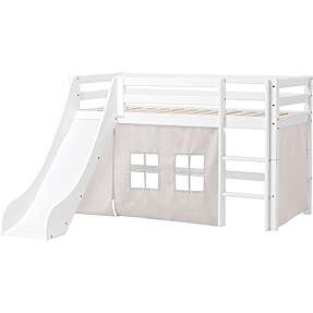 Spiloppe halvhøj seng med rutsjebane 70x160 cm - hvid og beige
