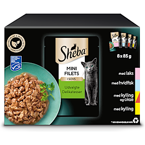 Vådfoder i sovs m. laks, hvidfisk, kylling og okse