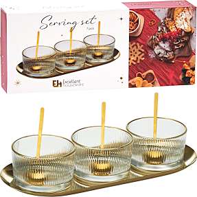 Serveringsbakke m/ 3 glasskåle og skeer