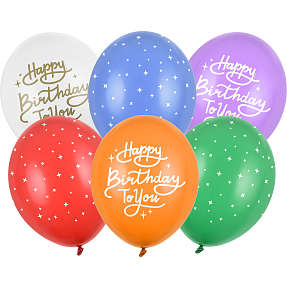"Happy Birthday" latexballonner Ø:30 cm 6-pak - multifarvet