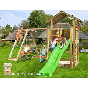 Jungle Gym Chalet 2.1 legetårn komplet inkl. klatremodul og 120 kg sand + grøn rutsjebane
