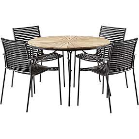 Kerteminde teak bord Ø110cm, antracit stel med 4 Mood stole