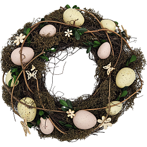 Påskekrans med gule og rosa æg 34 cm - brun