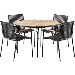 Kerteminde teak bord Ø110cm, antracit stel med 4 Mood stole