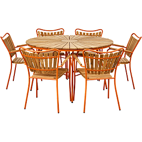 Kerteminde Ø130 teak havemøbelsæt med 6 stole - teak/ orange stel