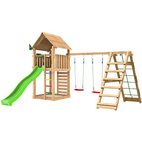 Jungle Gym Cabin 2.1 legetårn inkl. klatremodul, rutsjebane og 120 kg sand