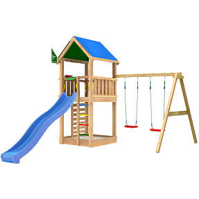 Jungle Gym Lodge 2.1 legetårn inkl. Swing Module og blå rutsjebane