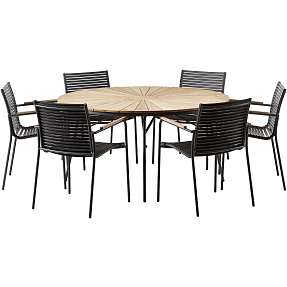 Kerteminde teak bord Ø150 cm, antracit stel med 6 Mood stole