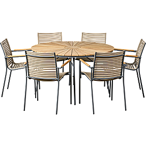 Kerteminde teak bord Ø130 cm, antracit stel med 6 Mood compact stole - dusty brown