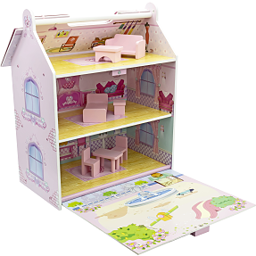 Mini trædukkehus inkl. 7 møbler