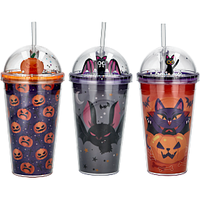Halloween tumbler m/sugerør & motiv 550 ml - flere varianter - assorteret