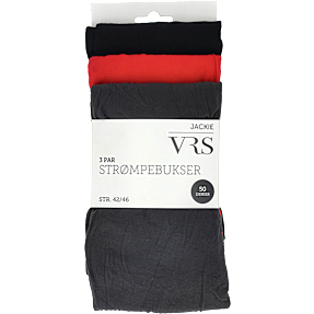 VRS dame 3-pak strømpebukser str. 48-52 - sort/rød/grå