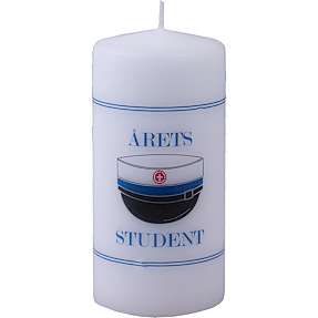 Bloklys m. blå studenterhue Ø6 x H12 cm - hvid