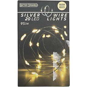 Batterilyskæde sølvwire 20 LED L: 95 cm - Varm hvid